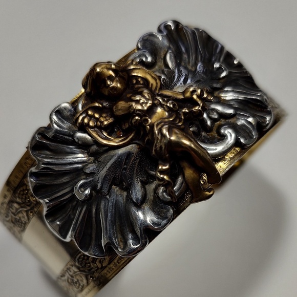 Vintage Sonja Lea Gold, Silver and Brass Tone Cherub Wide Cuff Ornate Bracelet - Picture 12 of 16